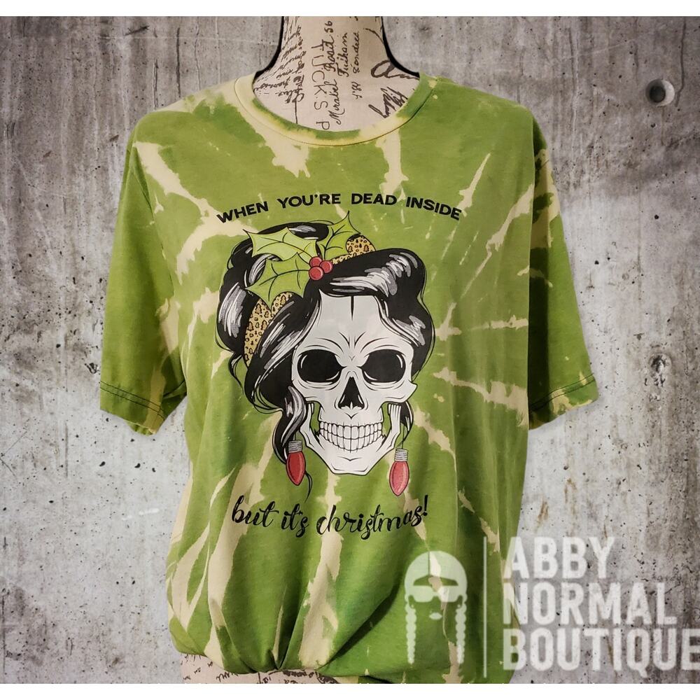 Christmas Skull Dead Inside Gothic Holiday Bleached Tee, XL